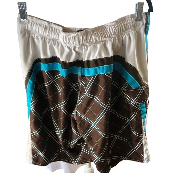 OP Board Shorts Swim Trunks Men L 36 38 Brown White Teal Plaid Mesh Lining - Picture 5 of 9